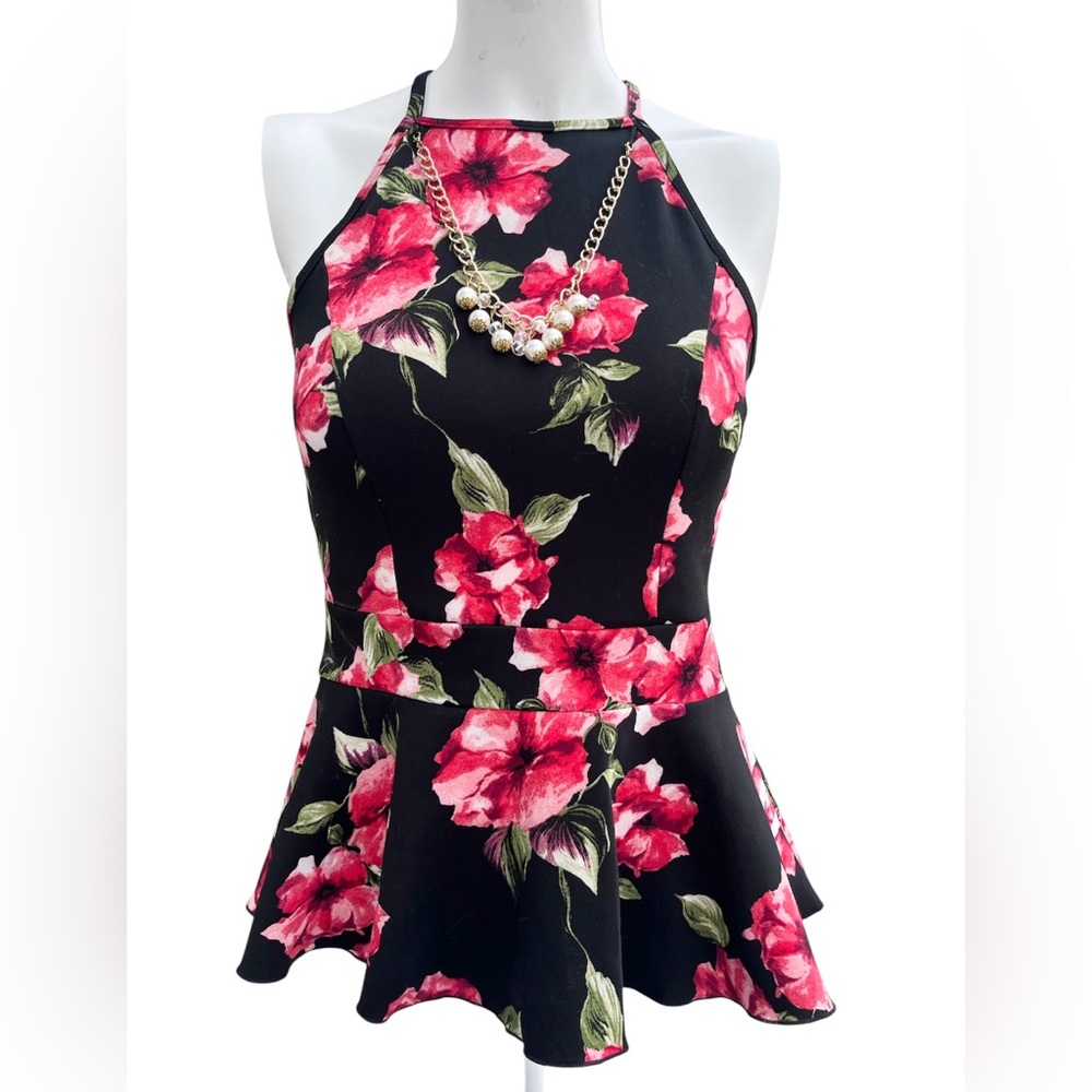Santory Floral Halter Top w/ Att. Necklace Black Sz M